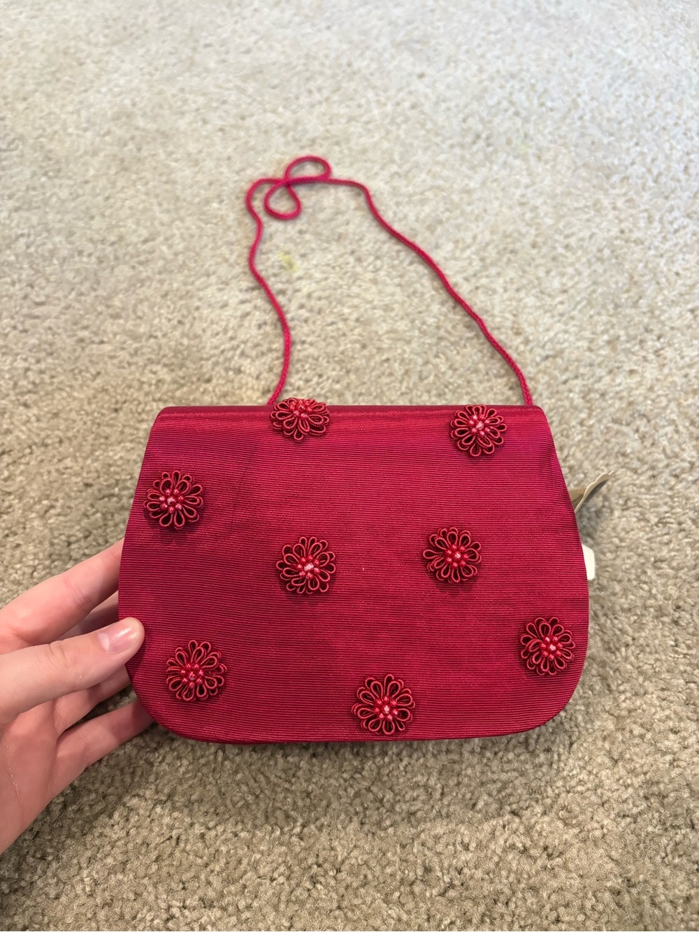 Red Vintage Floral Appliqué Crossbody Bag